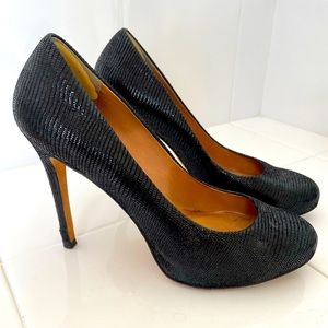 $128 Ann Taylor Snakeskin Leather High Heels Pumps Black Sz 6.5